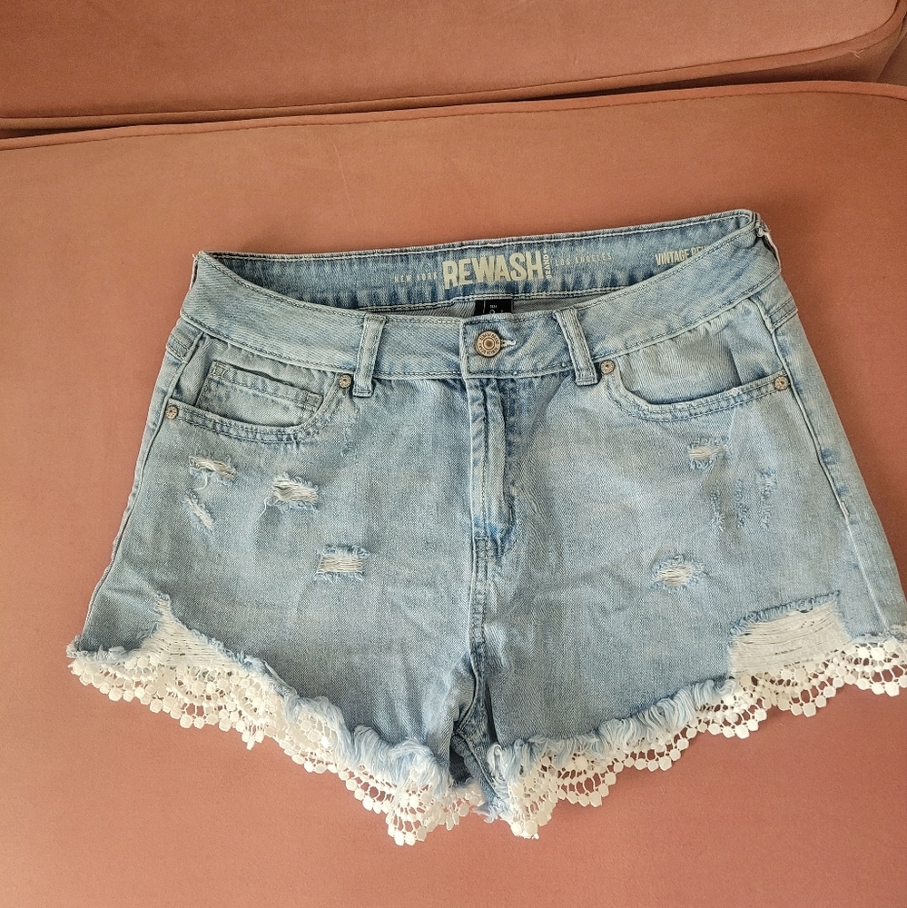 Light Blue denim shorts with lace detailing